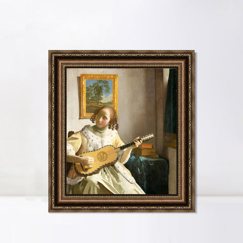 INVIN ART Framed Canvas Art Giclee Print Guitar Player by Johannes Vermeer Wall Art Living Room Home Office Decorations