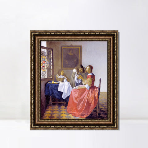 INVIN ART Framed Canvas Art Giclee Print A Lady and Two Gentlemen by Johannes Vermeer Wall Art Living Room Home Office Decorations