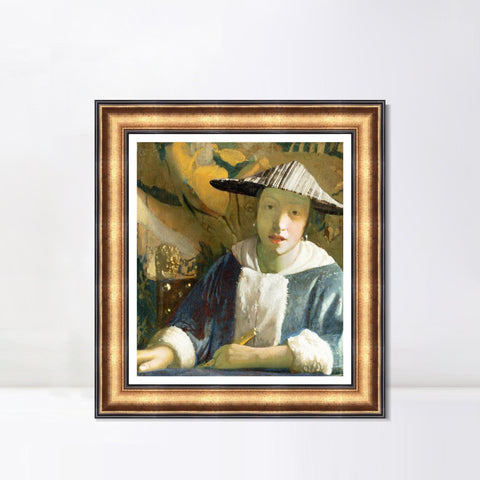INVIN ART Framed Canvas Art Giclee Print Young Girl with a Flute by Johannes Vermeer Wall Art Living Room Home Office Decorations