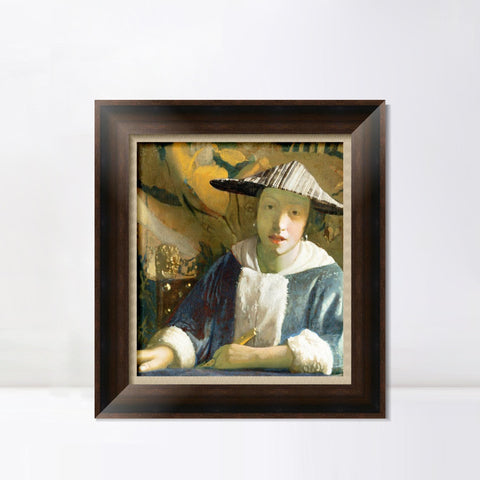 INVIN ART Framed Canvas Art Giclee Print Young Girl with a Flute by Johannes Vermeer Wall Art Living Room Home Office Decorations