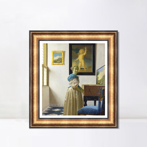 INVIN ART Framed Canvas Art Giclee Print Lady Standing at a Virginal by Johannes Vermeer Wall Art Living Room Home Office Decorations