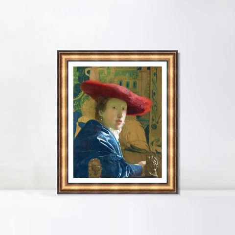 INVIN ART Framed Canvas Art Giclee Print Girl with a Red Hat by Johannes Vermeer Wall Art Living Room Home Office Decorations