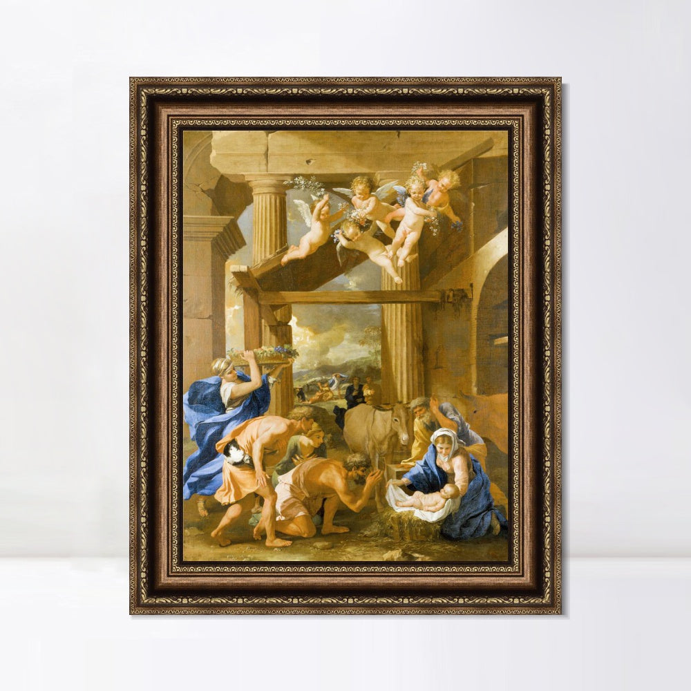 INVIN ART Framed Canvas Art Giclee Print The Adoration of the Shepherds, 1633 by Nicolas Poussin Wall Art Living Room Home Office Decorations