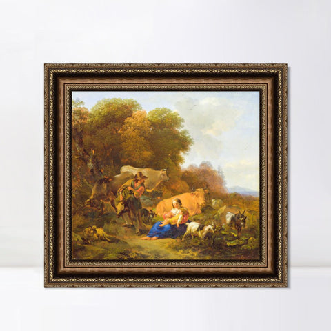 INVIN ART Framed Canvas Art Giclee Print A Peasant playing a Hurdy-Gurdy to a Woman and Child by Nicolas Poussin