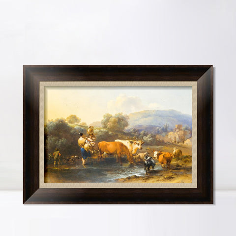 INVIN ART Framed Canvas Art Giclee Print Peasants with Cattle fording a Stream by Nicolas Poussin Wall Art Living Room Home Office Decorations