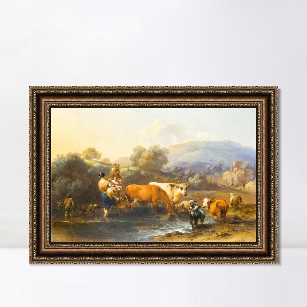 INVIN ART Framed Canvas Art Giclee Print Peasants with Cattle fording a Stream by Nicolas Poussin Wall Art Living Room Home Office Decorations