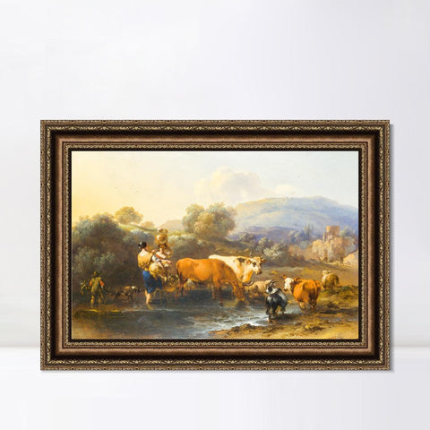 INVIN ART Framed Canvas Art Giclee Print Peasants with Cattle fording a Stream by Nicolas Poussin Wall Art Living Room Home Office Decorations