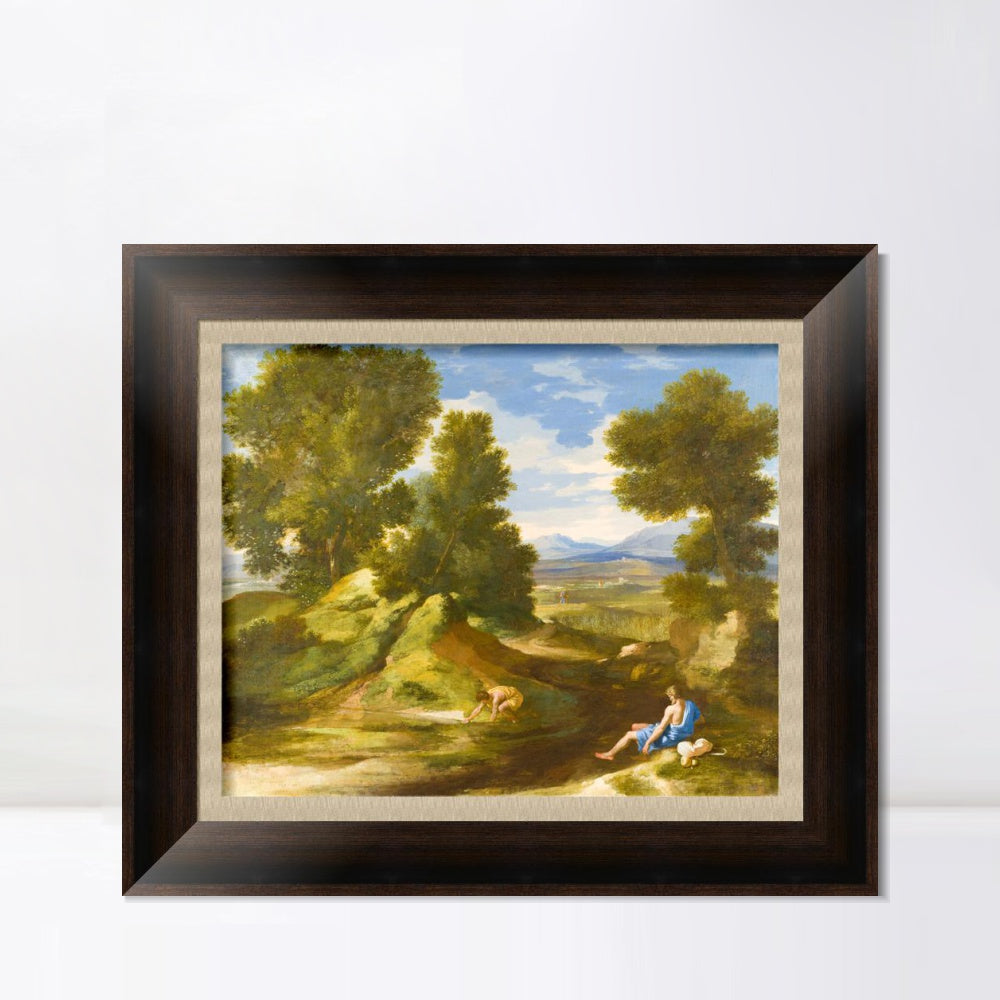 INVIN ART Framed Canvas Art Giclee Print Landscape with a Man scooping Water from a Stream by Nicolas Poussin Wall Art
