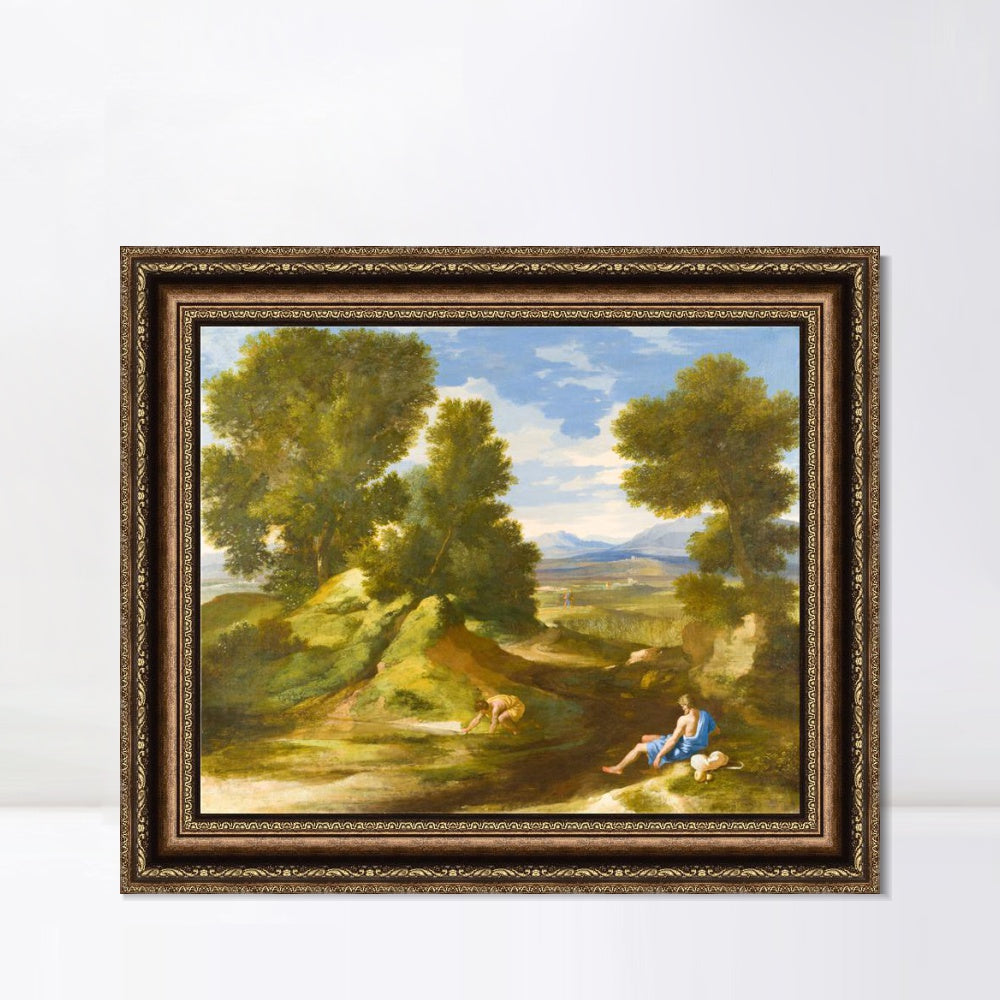 INVIN ART Framed Canvas Art Giclee Print Landscape with a Man scooping Water from a Stream by Nicolas Poussin Wall Art