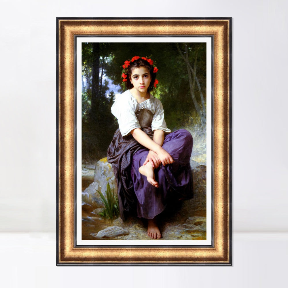 INVIN ART Framed Canvas Art Giclee Print Little Girl With Flowers in Her Hair,At the Edge of the Brook by William Adolphe Bouguereau