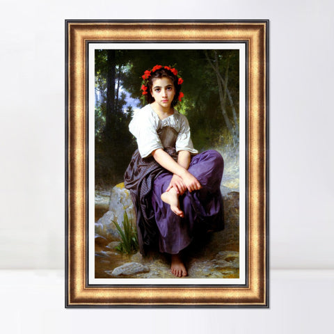 INVIN ART Framed Canvas Art Giclee Print Little Girl With Flowers in Her Hair,At the Edge of the Brook by William Adolphe Bouguereau