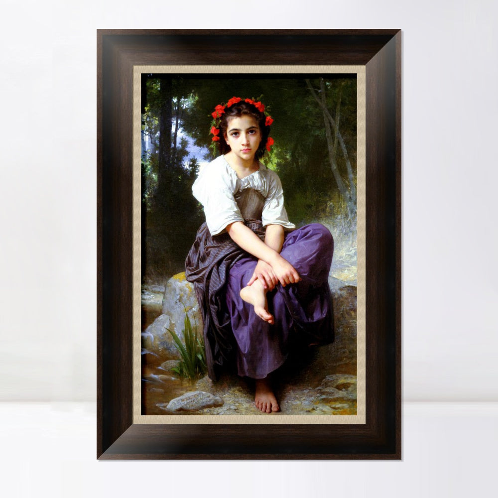 INVIN ART Framed Canvas Art Giclee Print Little Girl With Flowers in Her Hair,At the Edge of the Brook by William Adolphe Bouguereau
