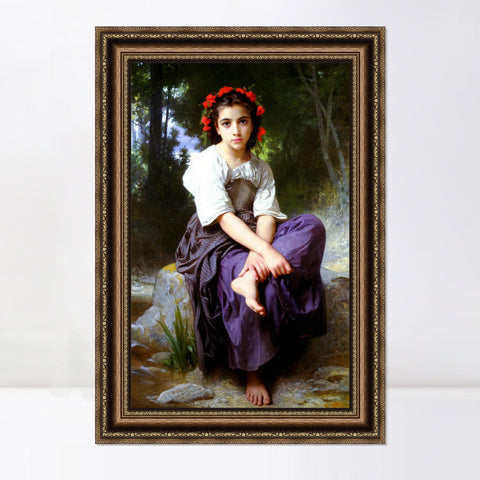 INVIN ART Framed Canvas Art Giclee Print Little Girl With Flowers in Her Hair,At the Edge of the Brook by William Adolphe Bouguereau