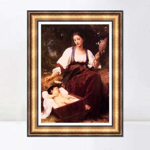 INVIN ART Framed Canvas Art Giclee Print Lullaby by William Adolphe Bouguereau Wall Art Living Room Home Office Decorations