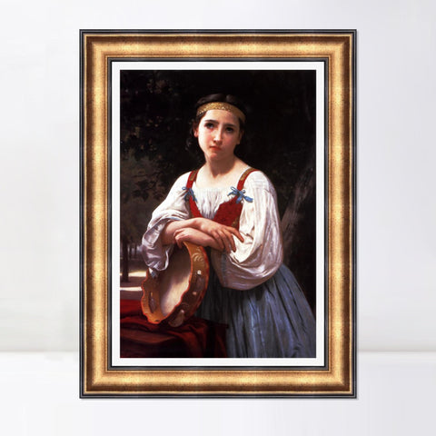 INVIN ART Framed Canvas Art Giclee Print Gypsy Girl with a Basque Drum by William Adolphe Bouguereau Wall Art Living Room Home Office Decorations