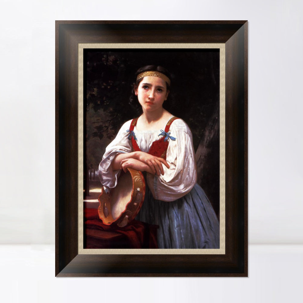 INVIN ART Framed Canvas Art Giclee Print Gypsy Girl with a Basque Drum by William Adolphe Bouguereau Wall Art Living Room Home Office Decorations