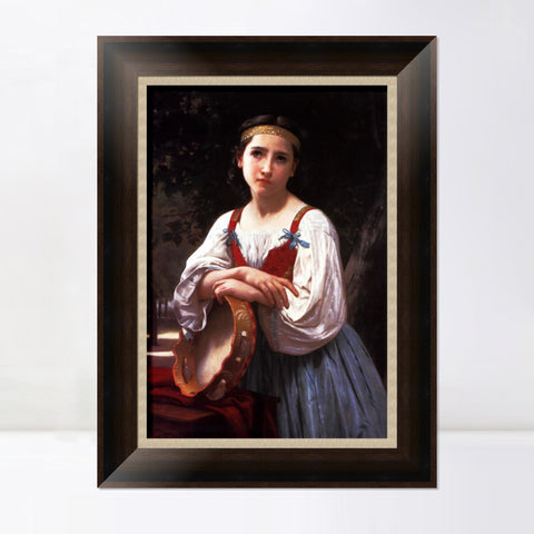 INVIN ART Framed Canvas Art Giclee Print Gypsy Girl with a Basque Drum by William Adolphe Bouguereau Wall Art Living Room Home Office Decorations