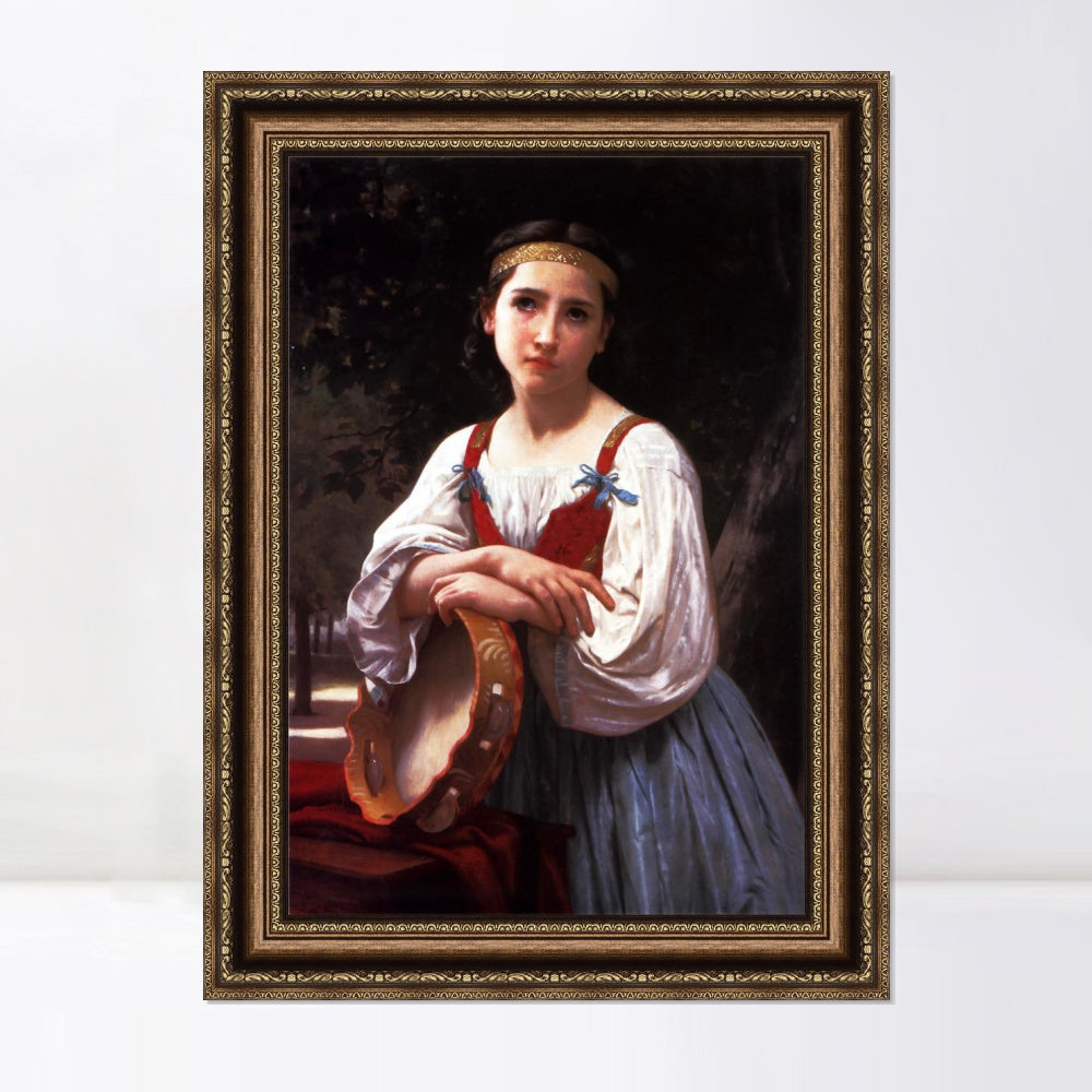 INVIN ART Framed Canvas Art Giclee Print Gypsy Girl with a Basque Drum by William Adolphe Bouguereau Wall Art Living Room Home Office Decorations