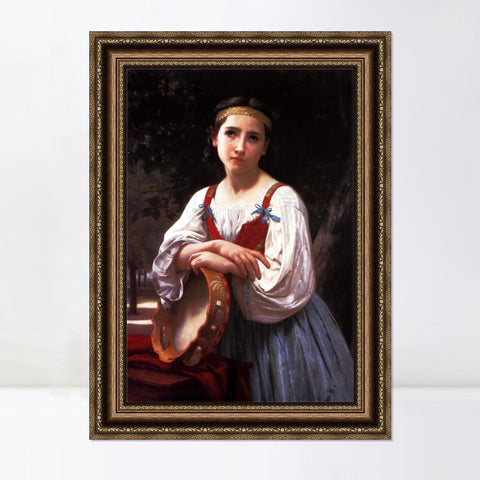 INVIN ART Framed Canvas Art Giclee Print Gypsy Girl with a Basque Drum by William Adolphe Bouguereau Wall Art Living Room Home Office Decorations