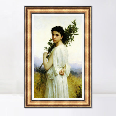 INVIN ART Framed Canvas Art Giclee Print Young Woman Holding A Laurel Branch by William Adolphe Bouguereau Wall Art Living Room Home Office Decorations