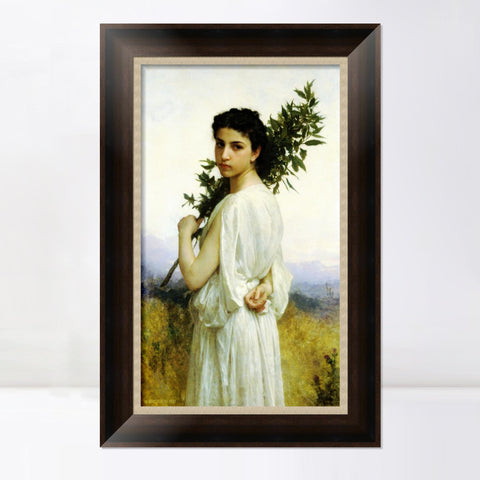 INVIN ART Framed Canvas Art Giclee Print Young Woman Holding A Laurel Branch by William Adolphe Bouguereau Wall Art Living Room Home Office Decorations