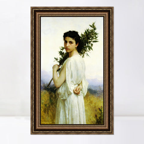 INVIN ART Framed Canvas Art Giclee Print Young Woman Holding A Laurel Branch by William Adolphe Bouguereau Wall Art Living Room Home Office Decorations