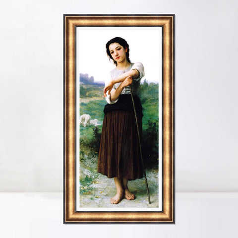 INVIN ART Framed Canvas Art Giclee Print Young Shepherdess Standing by William Adolphe Bouguereau Wall Art Living Room Home Office Decorations