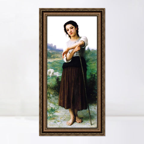 INVIN ART Framed Canvas Art Giclee Print Young Shepherdess Standing by William Adolphe Bouguereau Wall Art Living Room Home Office Decorations
