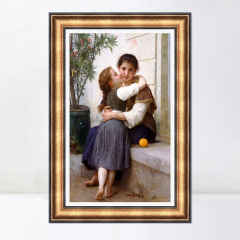 INVIN ART Framed Canvas Art Giclee Print A Little Coaxing by William Adolphe Bouguereau Wall Art Living Room Home Office Decorations