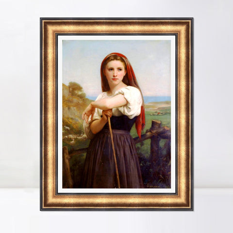 INVIN ART Framed Canvas Art Giclee Print Young Shepherdess,1868 by William Adolphe Bouguereau Wall Art Living Room Home Office Decorations