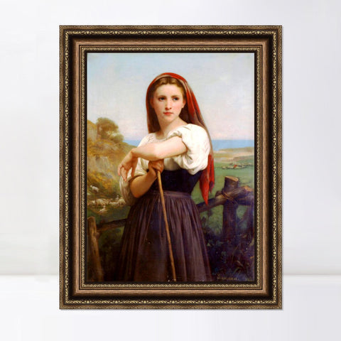 INVIN ART Framed Canvas Art Giclee Print Young Shepherdess,1868 by William Adolphe Bouguereau Wall Art Living Room Home Office Decorations