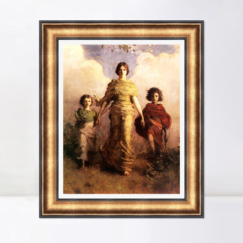 INVIN ART Framed Canvas Art Giclee Print woman holding 2 children by William Adolphe Bouguereau Wall Art Living Room Home Office Decorations