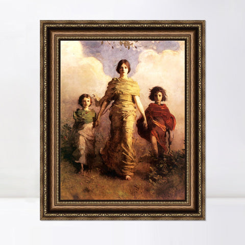 INVIN ART Framed Canvas Art Giclee Print woman holding 2 children by William Adolphe Bouguereau Wall Art Living Room Home Office Decorations