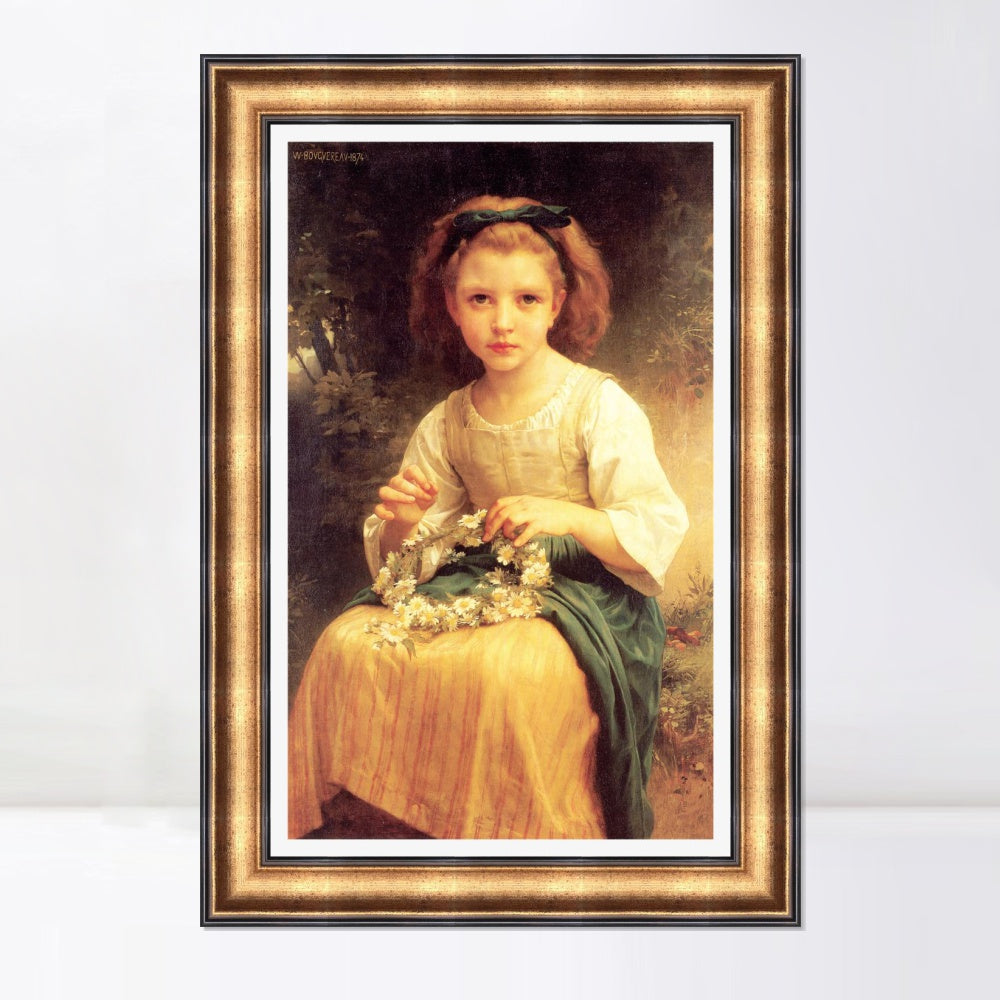 INVIN ART Framed Canvas Art Giclee Print Child Braiding A Crown (1874) by William Adolphe Bouguereau Wall Art Living Room Home Office Decorations