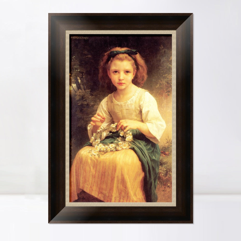 INVIN ART Framed Canvas Art Giclee Print Child Braiding A Crown (1874) by William Adolphe Bouguereau Wall Art Living Room Home Office Decorations