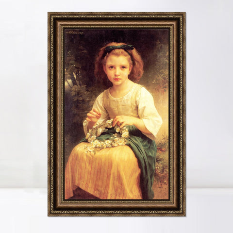 INVIN ART Framed Canvas Art Giclee Print Child Braiding A Crown (1874) by William Adolphe Bouguereau Wall Art Living Room Home Office Decorations