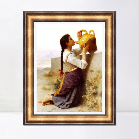 INVIN ART Framed Canvas Art Giclee Print Thirst by a Wall, Drinking Water From a Jar by William Adolphe Bouguereau