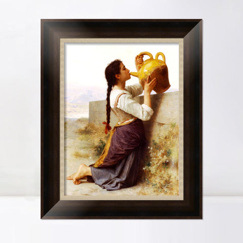 INVIN ART Framed Canvas Art Giclee Print Thirst by a Wall, Drinking Water From a Jar by William Adolphe Bouguereau