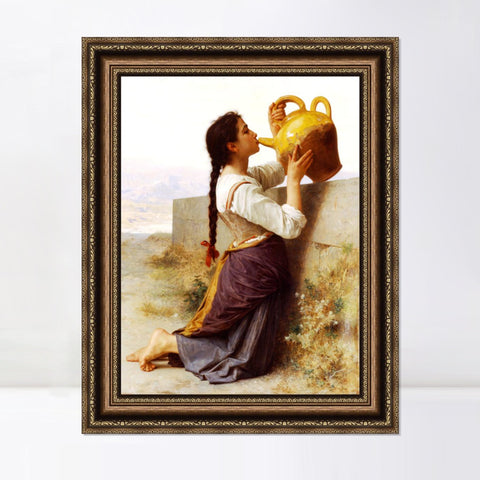 INVIN ART Framed Canvas Art Giclee Print Thirst by a Wall, Drinking Water From a Jar by William Adolphe Bouguereau