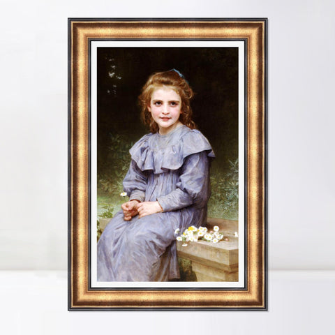 INVIN ART Framed Canvas Art Giclee Print Seated girl with flower by William Adolphe Bouguereau Wall Art Living Room Home Office Decorations