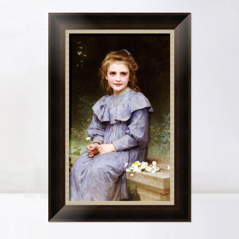 INVIN ART Framed Canvas Art Giclee Print Seated girl with flower by William Adolphe Bouguereau Wall Art Living Room Home Office Decorations