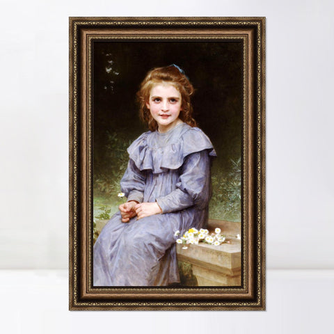 INVIN ART Framed Canvas Art Giclee Print Seated girl with flower by William Adolphe Bouguereau Wall Art Living Room Home Office Decorations