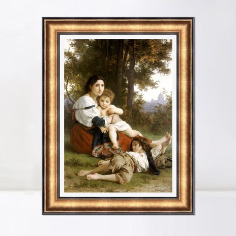 INVIN ART Framed Canvas Art Giclee Print Mother and Children by William Adolphe Bouguereau Wall Art Living Room Home Office Decorations
