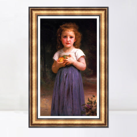 INVIN ART Framed Canvas Art Giclee Print Little Girl Holding Apples in her Hands by William Adolphe Bouguereau Wall Art Living Room Home Office Decorations