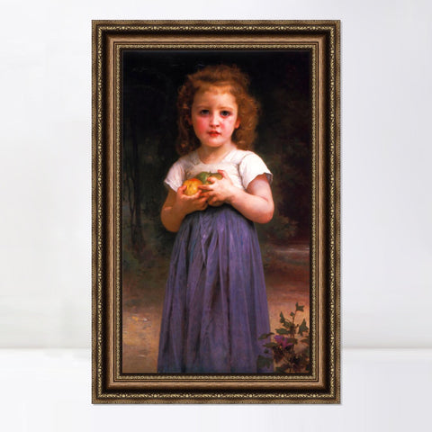 INVIN ART Framed Canvas Art Giclee Print Little Girl Holding Apples in her Hands by William Adolphe Bouguereau Wall Art Living Room Home Office Decorations