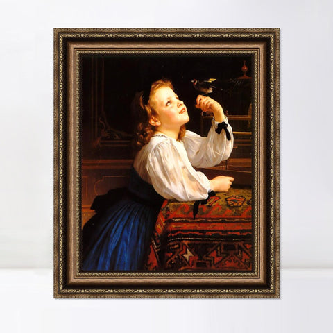 INVIN ART Framed Canvas Art Giclee Print Child with Bird by William Adolphe Bouguereau Wall Art Living Room Home Office Decorations