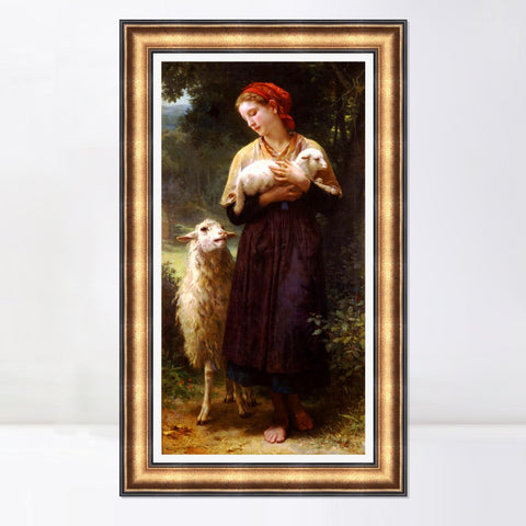 INVIN ART Framed Canvas Art Giclee Print The Newborn Lamb by William Adolphe Bouguereau Wall Art Living Room Home Office Decorations