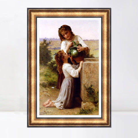 INVIN ART Framed Canvas Art Giclee Print At The Fountain by William Adolphe Bouguereau Wall Art Living Room Home Office Decorations