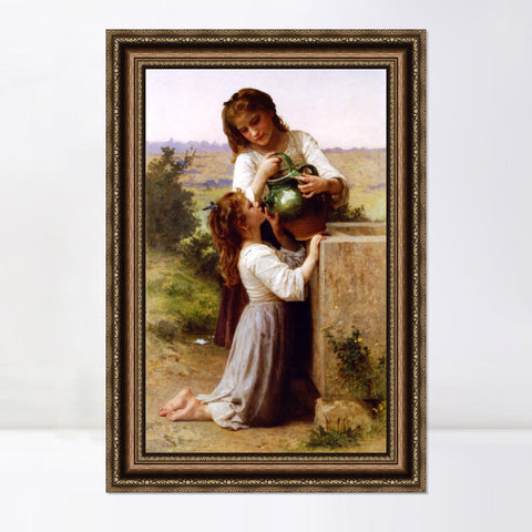 INVIN ART Framed Canvas Art Giclee Print At The Fountain by William Adolphe Bouguereau Wall Art Living Room Home Office Decorations