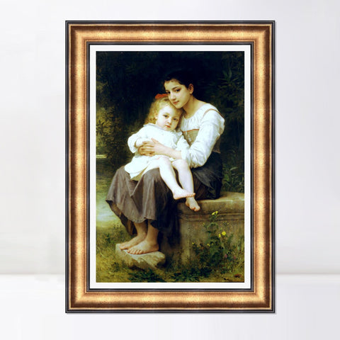 INVIN ART Framed Canvas Art Giclee Print Big Sister by William Adolphe Bouguereau Wall Art Living Room Home Office Decorations